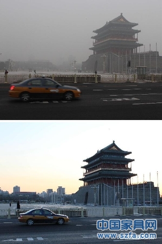 Combo photo taken on Jan. 23, 2013 (up) and Jan. 22, 2013 (bottom) show the tower of the Zhengyang Gate in Beijing, capital of China. The air quality hit the level of serious pollution in Beijing on Wednesday, as smog blanketed the city. (Xinhua/Wang Yueling)Related:Beijing chokes on lingering smogBEIJING, Jan. 23 (Xinhua) -- The air quality in Beijing Municipality on Wednesday hit serious levels again, as smog blanketed the city.At 9 a.m., air quality indices in most monitoring stations in the city proper exceeded 300, or Level VI, a serious level, according to statistics from the Beijing Municipal Environmental Monitoring Center. Full story